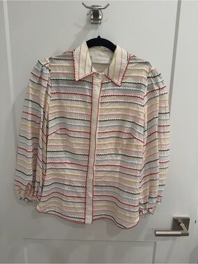 Zimmermann Cream Button-Down Shirt with Multicolor Rickrack Stripes Size 0